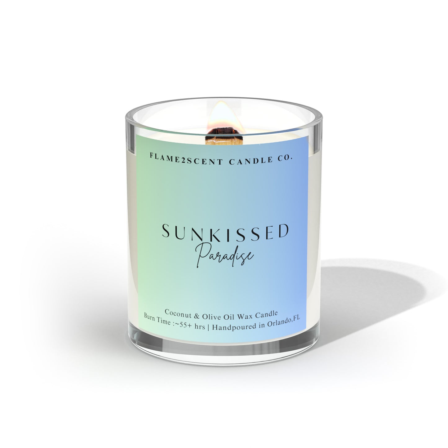 Sunkissed Paradise candle in blue pastel label, wood wick, citrusy summer scent