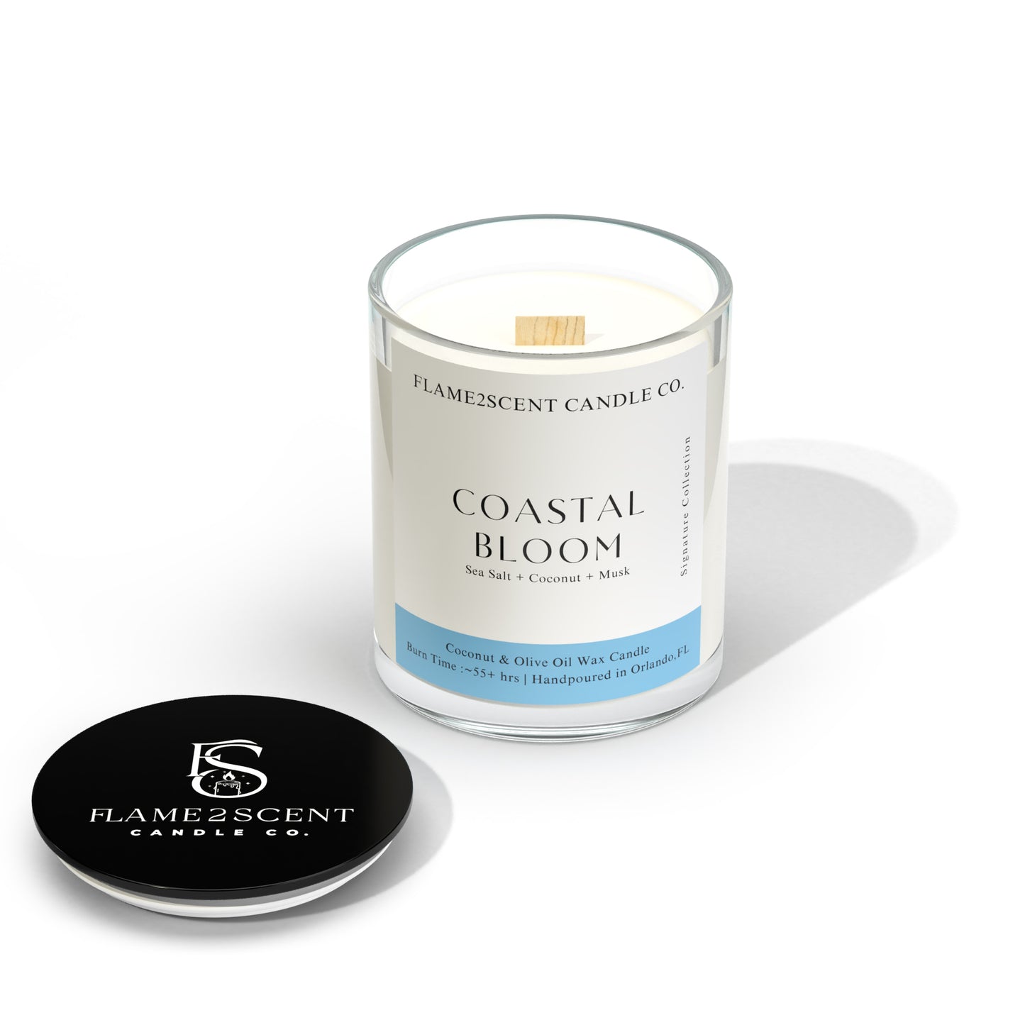 Coastal Bloom coconut wax candle in blue label, wood wick, beach-inspired scent