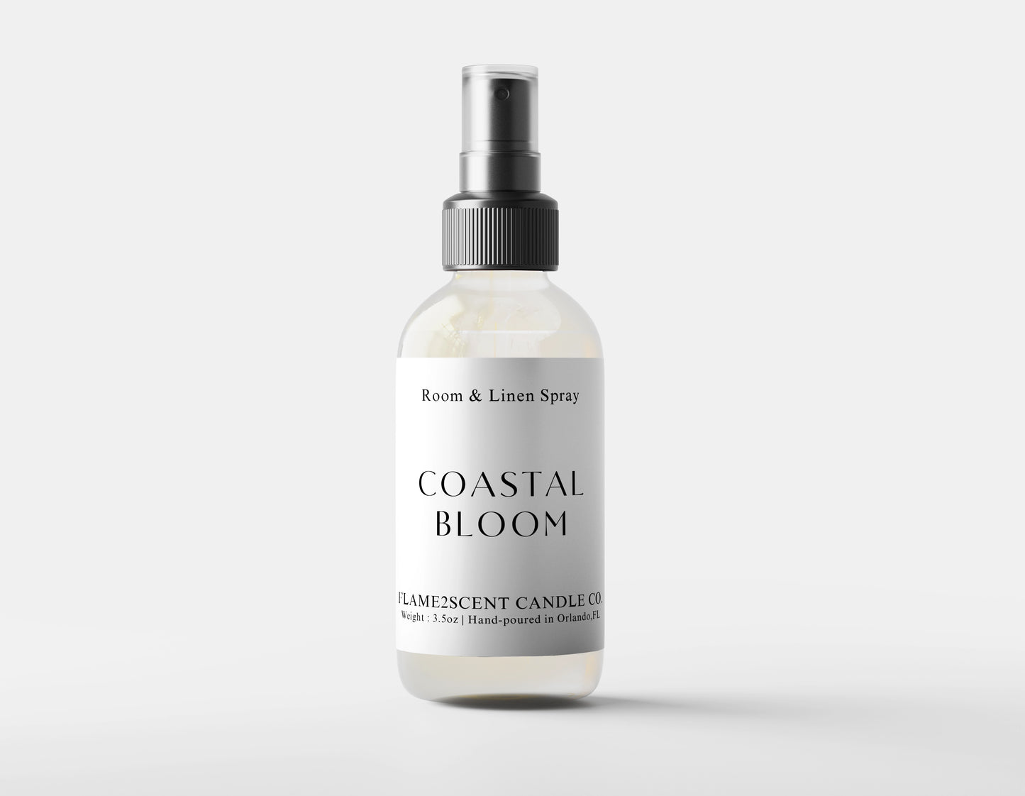 Coastal Bloom Room & Linen Spray by Flame2scent, clear bottle with fine mist top and clean label