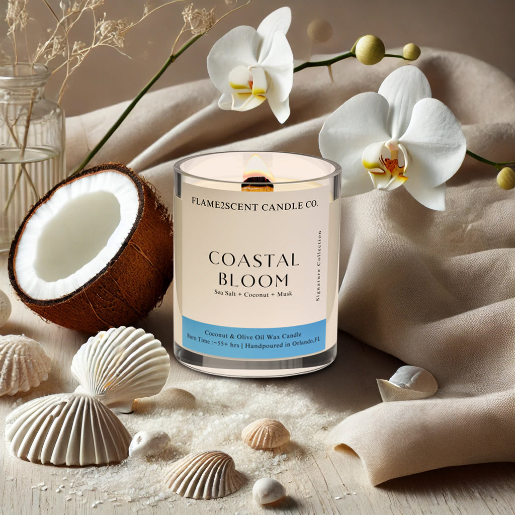 Coastal Bloom coconut wax candle in blue label, wood wick, beach-inspired scent