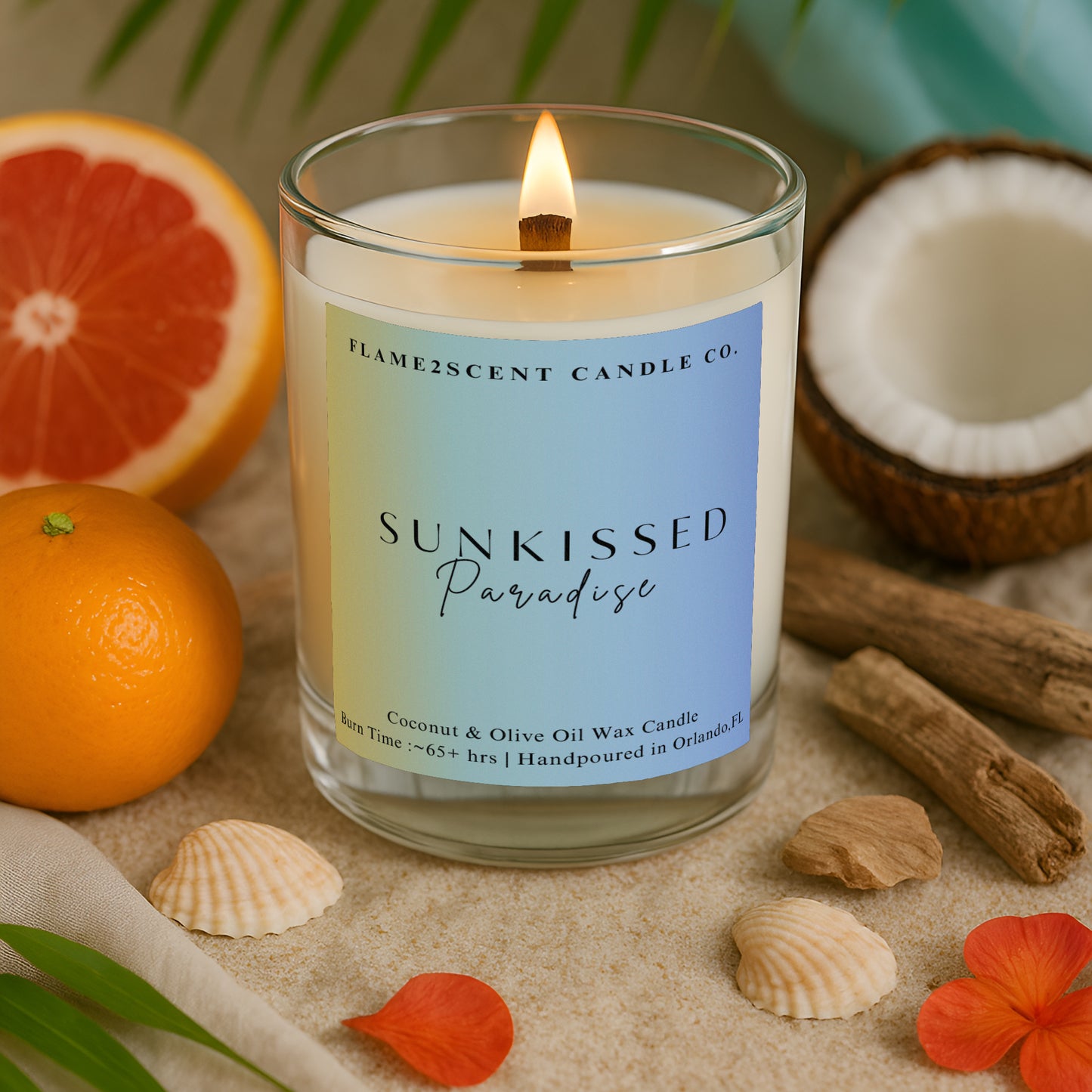 Sunkissed Paradise candle in blue pastel label, wood wick, citrusy summer scent