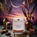 twilight amber candle made with blends of dark amber, ginger lily, palo santo and black coral fragrance oil with coconut apricot wax, wood wick in a clear glass jar.