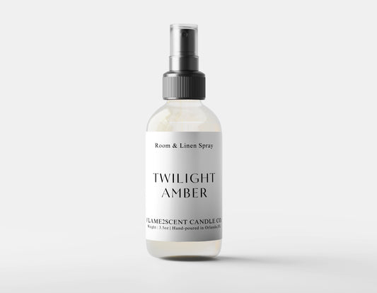 Twilight Amber Room Spray in elegant mist bottle with warm amber tones and dark scent blend