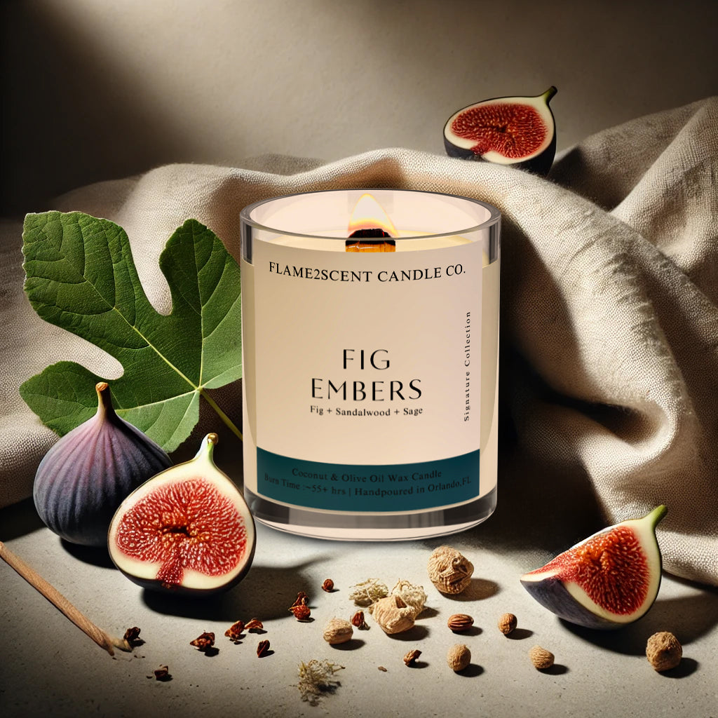 Fig Embers candle in teal label, lit wood wick and earthy blend of fig and sage