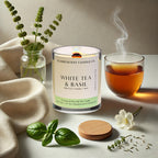 clean burning white tea and basil  scented coconut apricot wood wick candle in clear glass jar with black lid