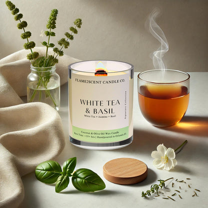 White Tea & Basil candle by Flame2scent Candle Co. with wood wick and soft green label