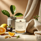 clean burning grapefruit and citrus scented coconut apricot wood wick candle in clear glass jar with black lid