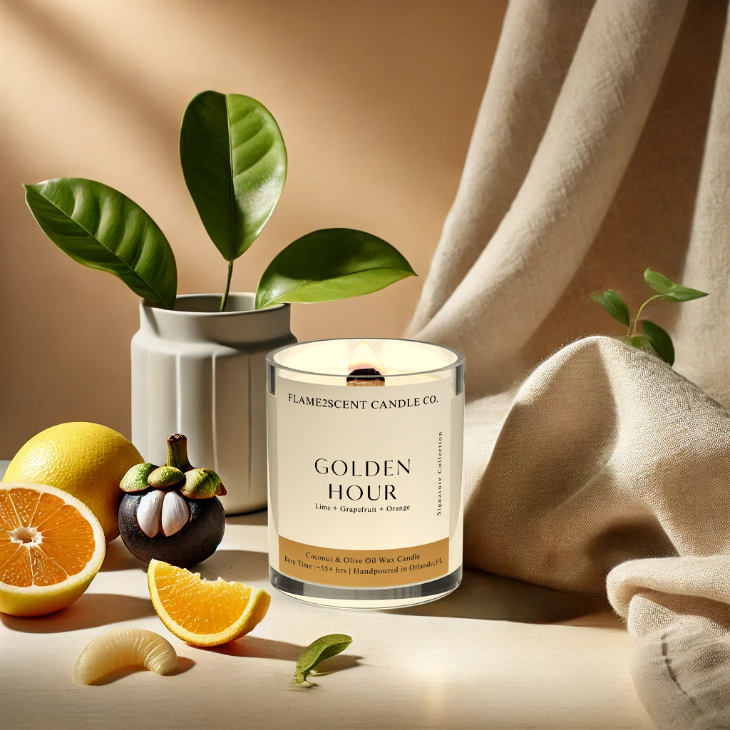 Golden Hour candle by Flame2scent Candle Co. in amber-yellow label with wood wick