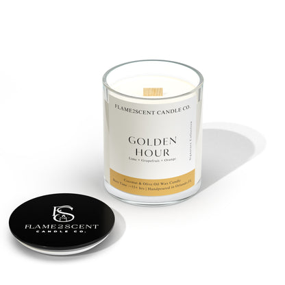 Golden Hour candle by Flame2scent Candle Co. in amber-yellow label with wood wick