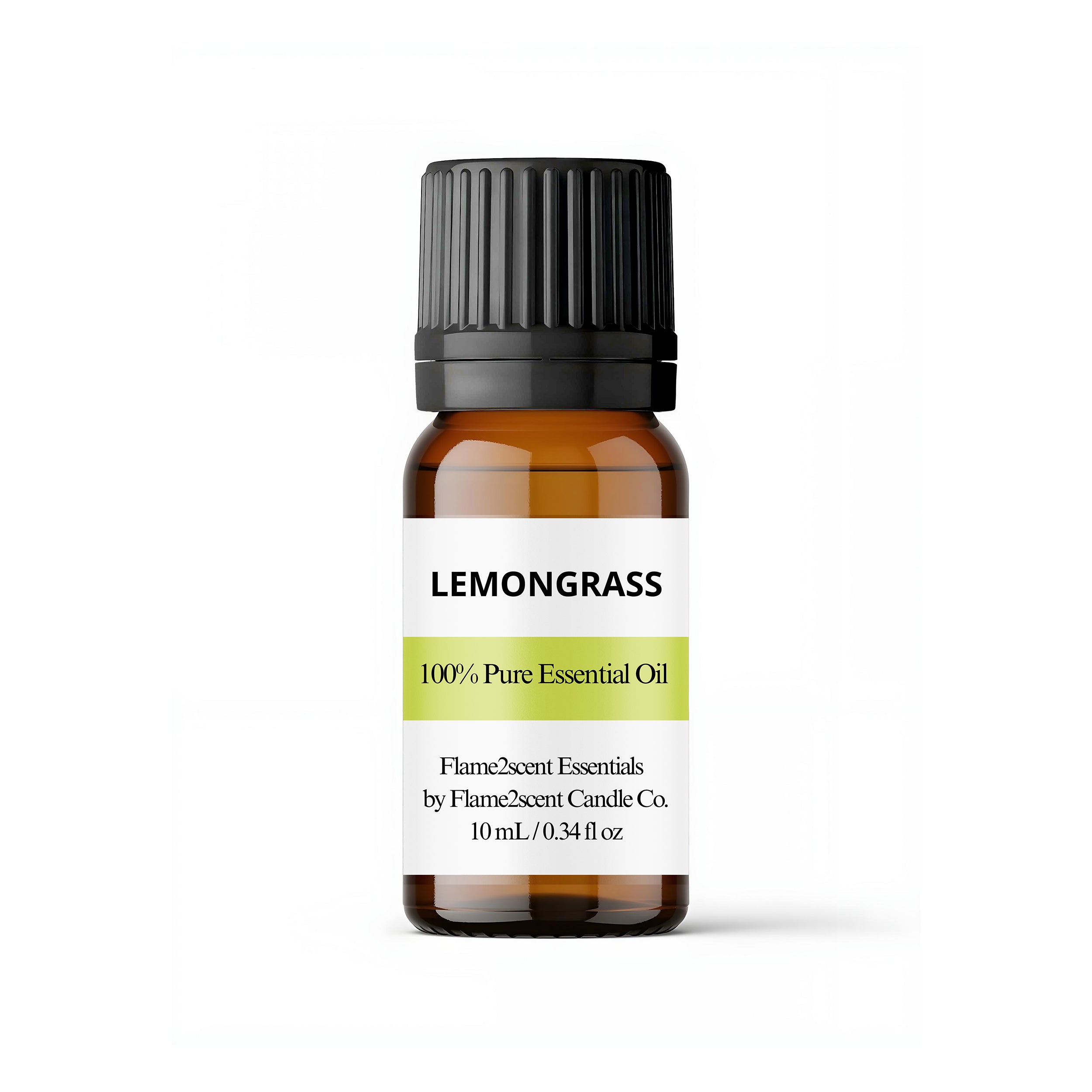 Bottle of lemongrass essential oil with a white label on a white background