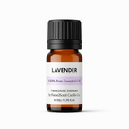 Lavender essential oil bottle with a white label on a light gray background