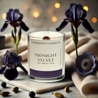 clean burning dark rose, iris and labdanum  scented coconut apricot wood wick candle in clear glass jar with black lid