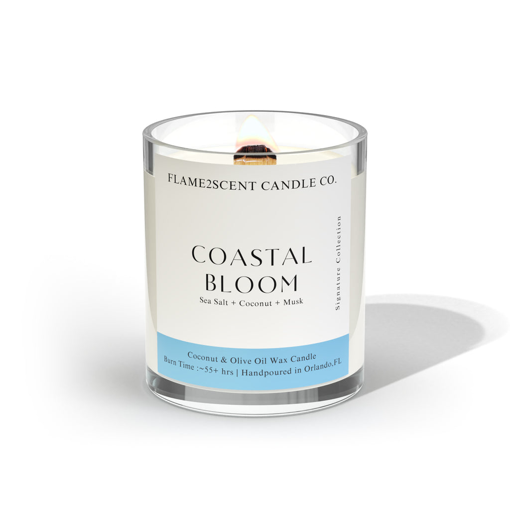 coastal bloom scented coconut apricot candle with wood wick made with sea salt orchid and coconut fragrance oil 