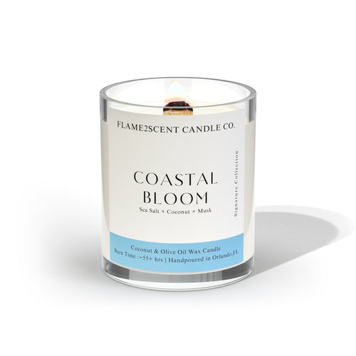 coastal bloom scented coconut apricot candle with wood wick made with sea salt orchid and coconut fragrance oil 