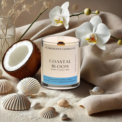 Coastal Bloom coconut wax candle in blue label, wood wick, beach-inspired scent