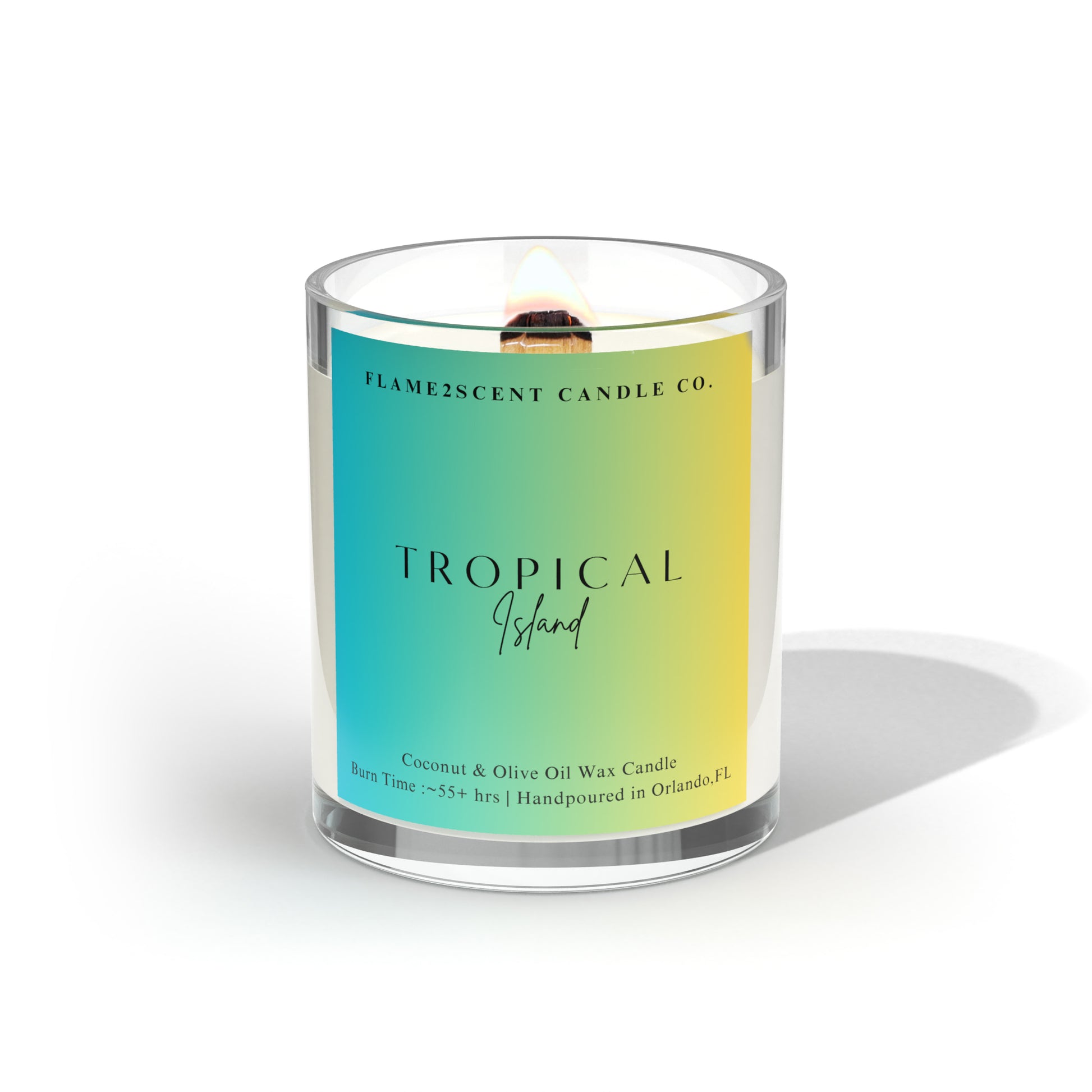 Tropical Island candle in gradient tropical label, fruity summer scent with wood wick