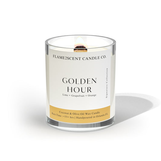 Golden Hour candle by Flame2scent Candle Co. in amber-yellow label with wood wick