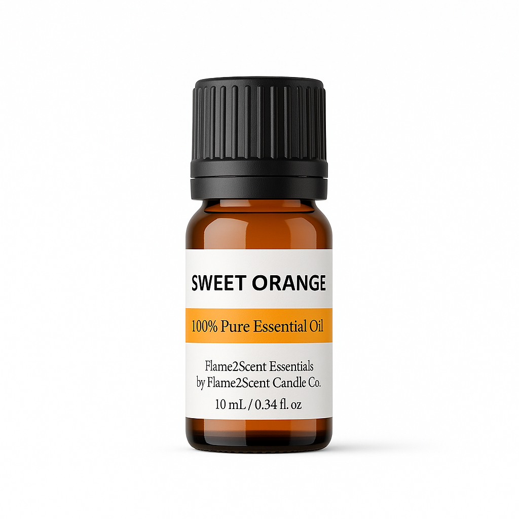 Sweet orange essential oil bottle with black cap on a white background