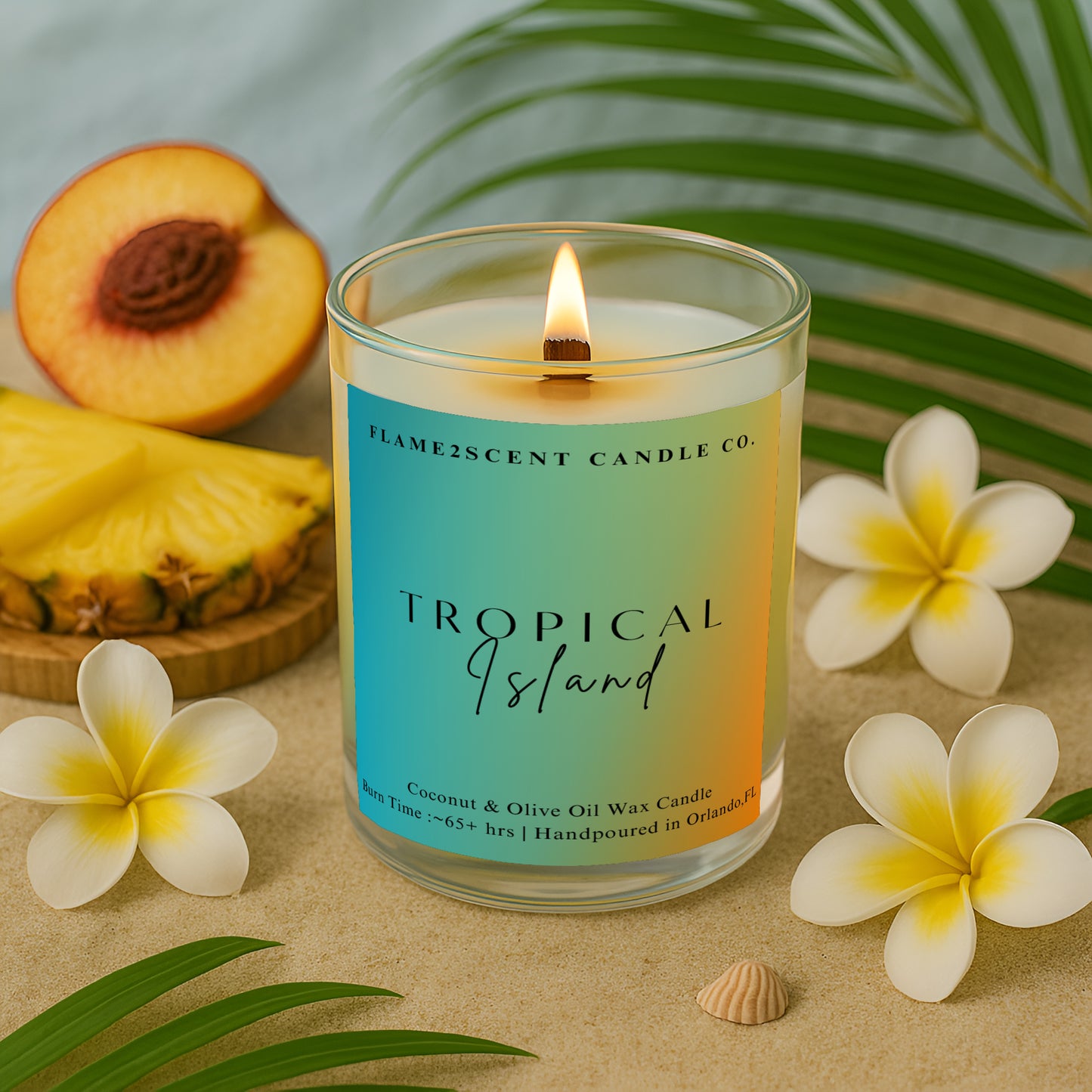 Tropical Island candle in gradient tropical label, fruity summer scent with wood wick
