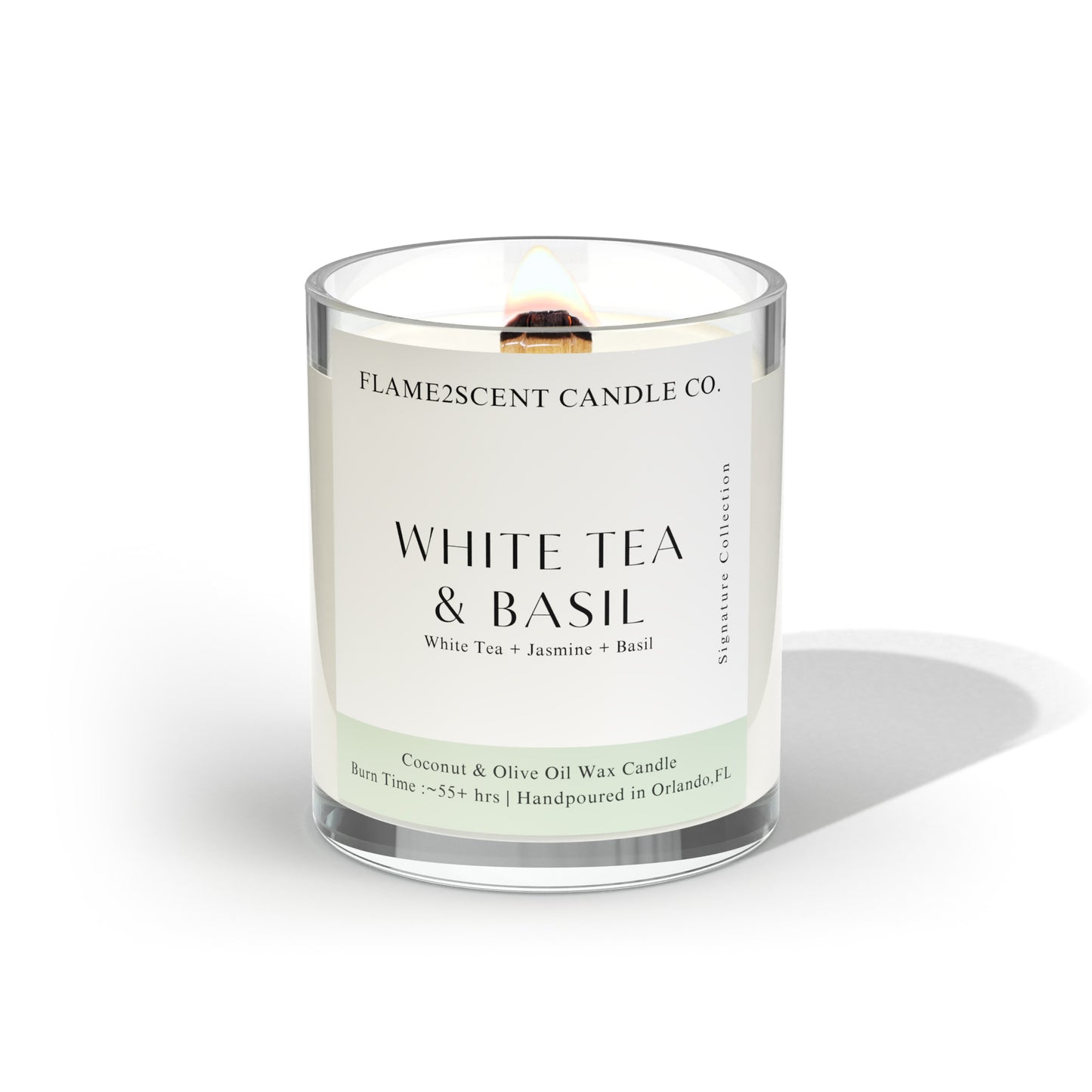 White Tea & Basil candle by Flame2scent Candle Co. with wood wick and soft green label