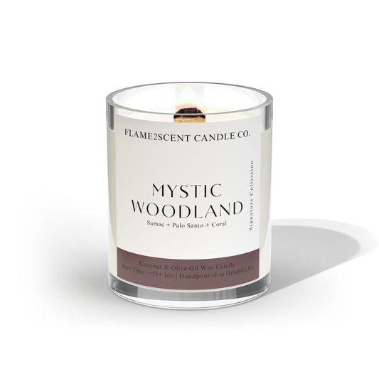 Mystic Woodland candle by Flame2scent Candle Co., wood wick, earthy tone and woodland blend