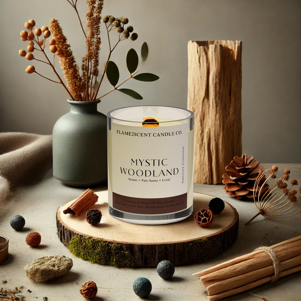 clean burning sumac, palo santo scented coconut apricot wood wick candle in clear glass jar with black lid